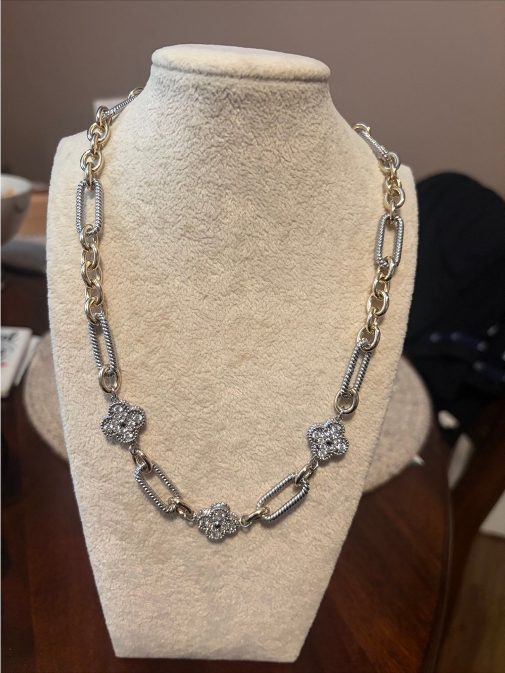 Two-Tone Gold & Silver Crystal Flower Link Necklace - Picture 2 of 3